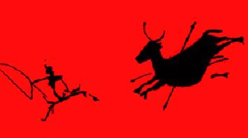 Cazador huyendo de un  Bos Taurus Ibericus herido con flechas. Cueva Remigia, Barranco de la Gasulla